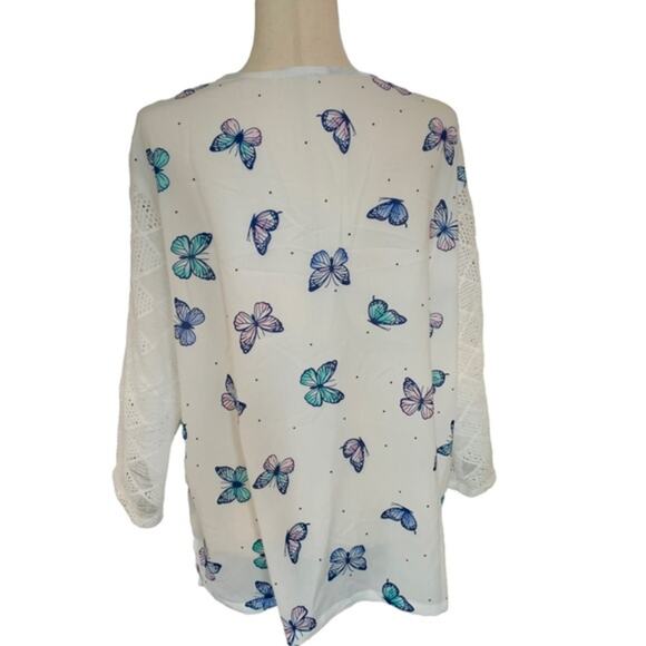 Butterfly‎ printed top blouse. Lace sleeve. Boho tie lace front. Size l - Picture 1 of 9